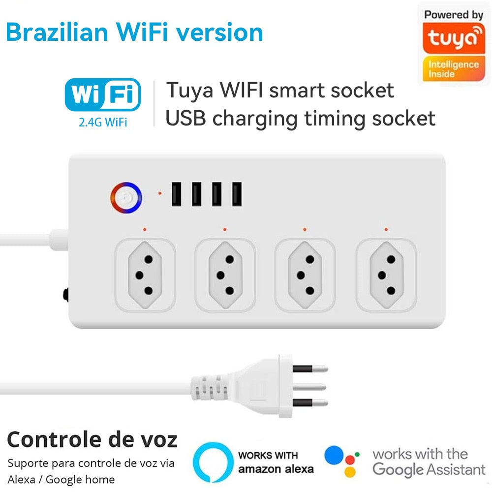 Régua de Energia Inteligente WiFi Tuya com Entradas USB - Extensão Tomada Inteligente, Protetor contra Surtos, Compatível com Alexa