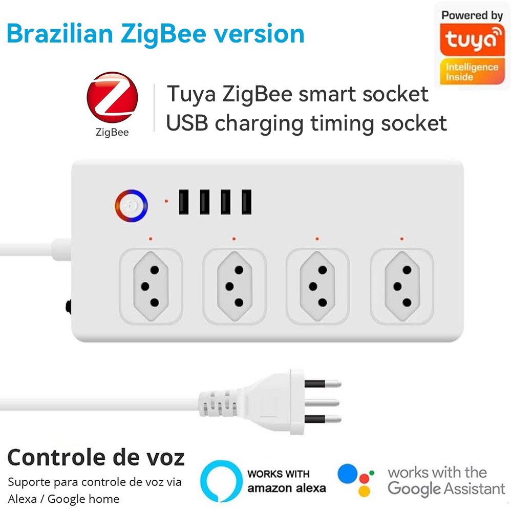 Régua de Energia Inteligente WiFi Tuya com Entradas USB - Extensão Tomada Inteligente, Protetor contra Surtos, Compatível com Alexa