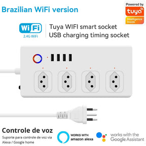 Régua de Energia Inteligente WiFi Tuya com Entradas USB - Extensão Tomada Inteligente, Protetor contra Surtos, Compatível com Alexa